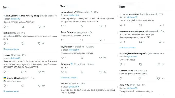 Вопросы пользователей в твиттере о Роме Желуде