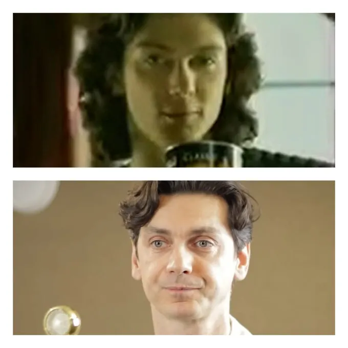 Илья Бледный в рекламе кофе Nescafe в 2001 году (сверху) и в 2023-м