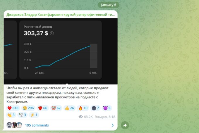 Сколько Эльдар Джарахов заработал на подкасте с Никитой Кологривым?