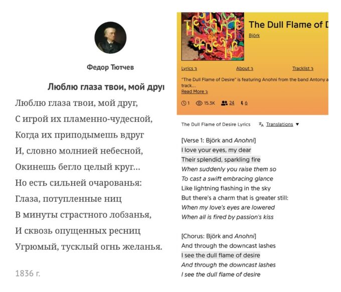 Сравнение текстов Федора Тютчева и Бьорк в песне The Dull Flame of Desire