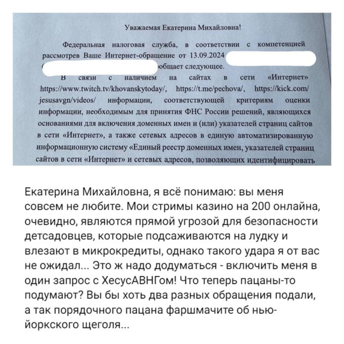 Ответ Юрия Хованского Екатерине Мизулиной на блокировку его соцсетей