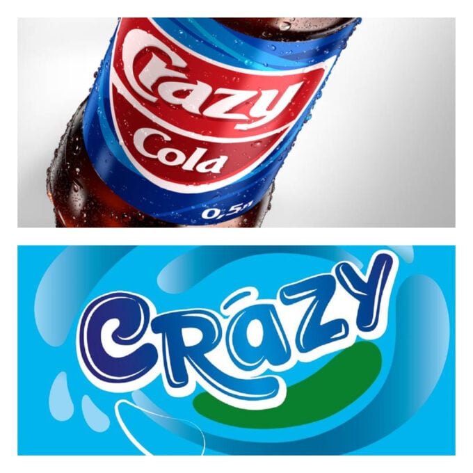 Crazy Cola из 1990-х (сверху) и современный логотип Crazy