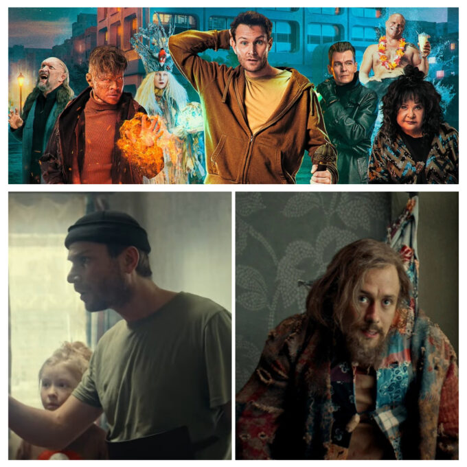 Афиша сериала «Волшебный участок» (сверху), Николай Наумов (снизу слева) и Илья Соболев (снизу справа) на съемках