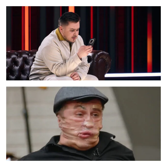 Бутусов в Comedy Club (сверху) и в образе Валеры в 10-м сезоне «Большого шоу» (снизу)