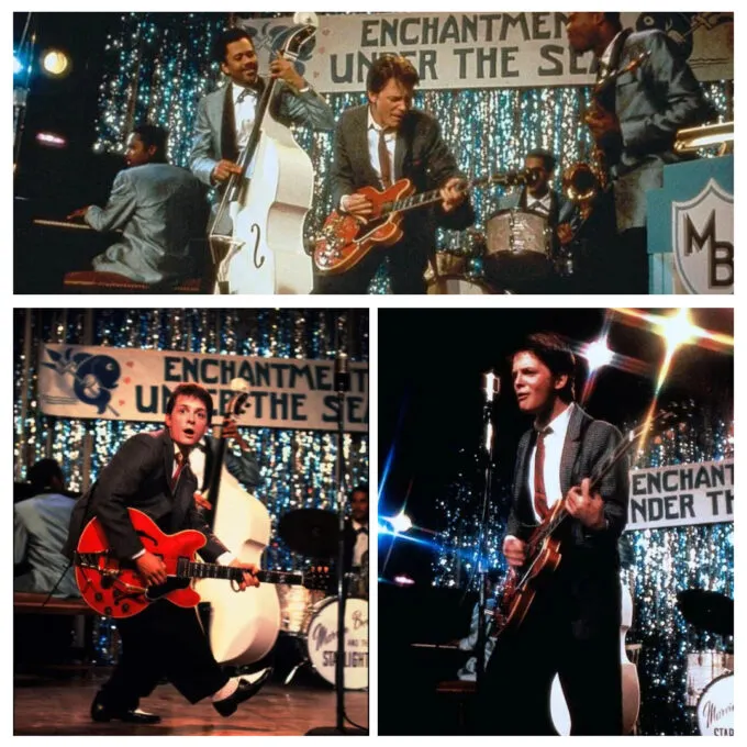 Майкл Джей Фокс с гитарой Gibson ES-345 на съемках фильма «Назад в будущее»