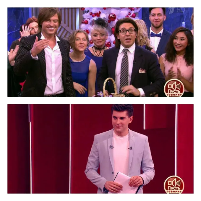 Прохор Шаляпин и Андрей Малахов в студии «Пусть говорят» (сверху) и Дмитрий Борисов (снизу)