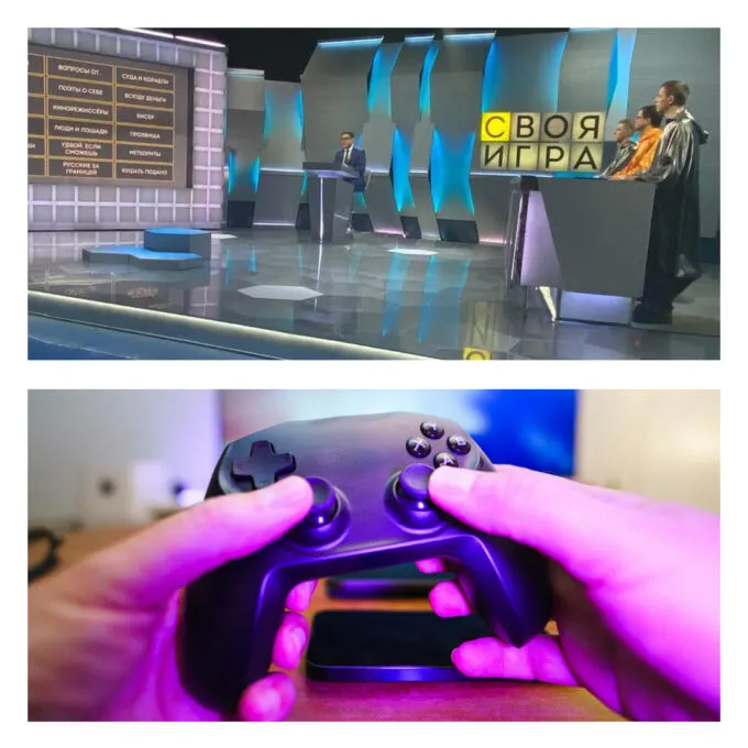 Студия «Своей игры» на НТВ (сверху) и игровой USB-контроллер (снизу)