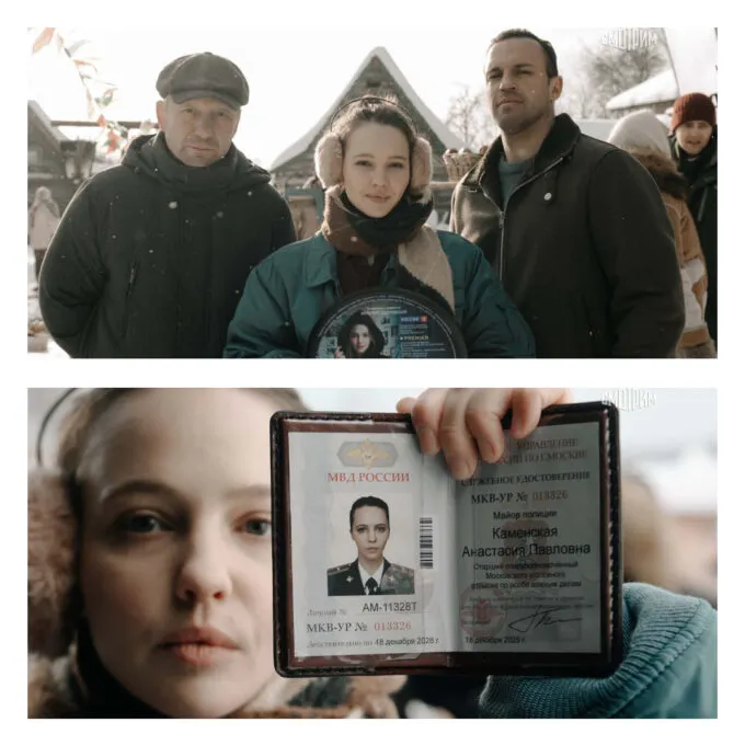 Виталий Коваленко, Юлия Хлынина и Павел Попов на съемках «Каменская. Перезагрузка» (сверху) / Хлынина показывает паспорт Каменской (снизу) (фото: «Смотрим»)