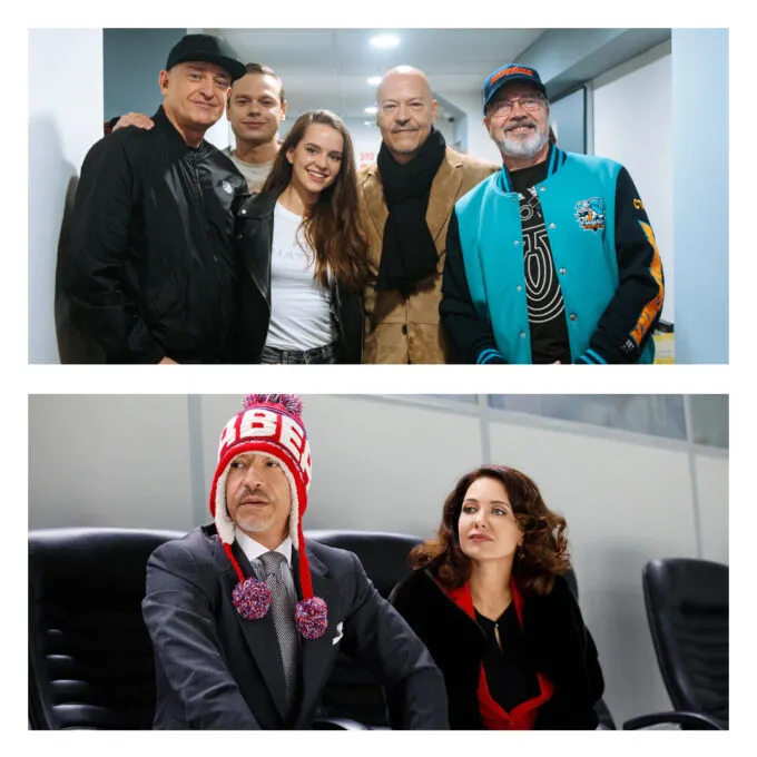 Федор Бондарчук с создателями «Молодежка. Новая смена» (сверху) и в кадре сериала СТС «Молодежка» (снизу)