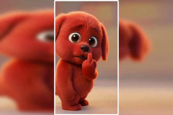 Мем с красной собачкой, которая показывает средний палец (фак)