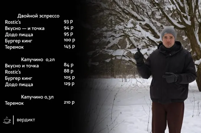 Цена кофе в фастфуд-сетях России – «Ростикс», «Вкусно – и точка», «Додо Пицца», «Бургер Кинг» и «Теремок»