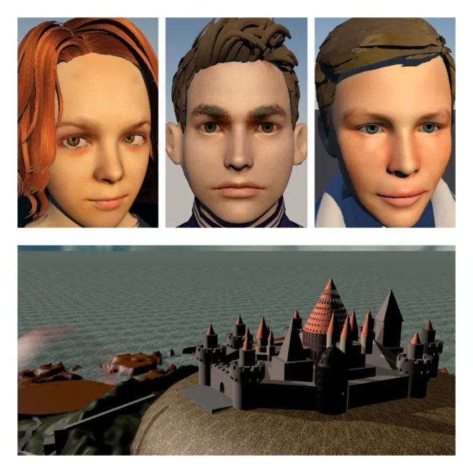 Таня Гроттер, Баб-Ягун и Ванька Валялкин (сверху – слева направо) и макет Тибидохса (снизу)