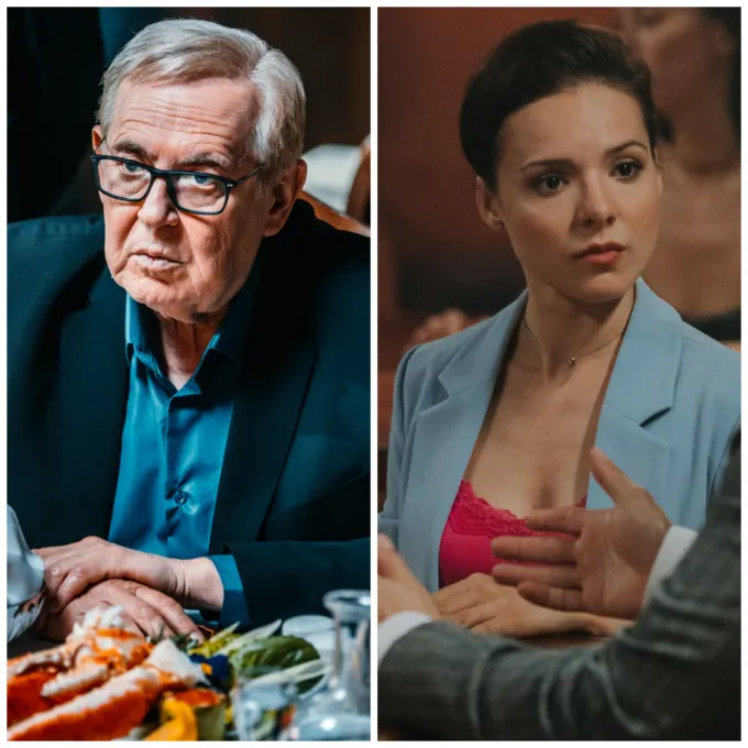 Юрий Стоянов и Анна Глаубэ на съемках сериала «Артист с большой дороги»