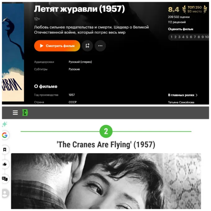 «Летят журавли» на «Кинопоиске» (сверху) и в рейтинге Collider в 2026 году (снизу)