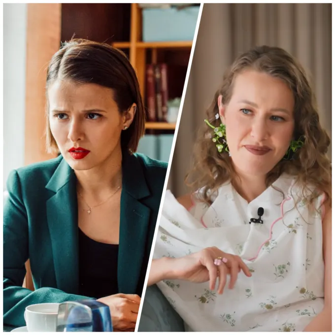 Любовь Аксенова на съемках сериала «Почка» (слева) и Ксения Собчак (справа)