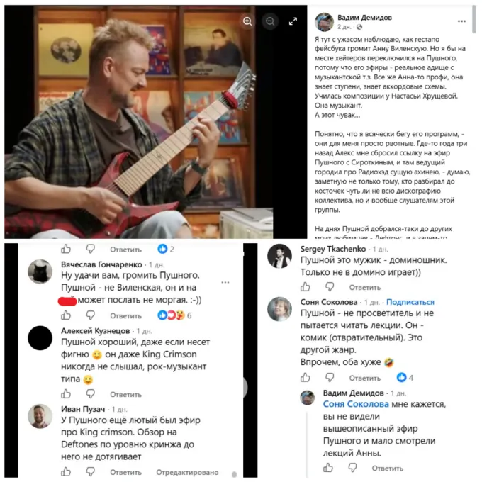 Музыкант Вадим Демидов и его читатели раскритиковали Александра Пушного в фейсбуке (Meta признана властями РФ экстремистской и запрещена)